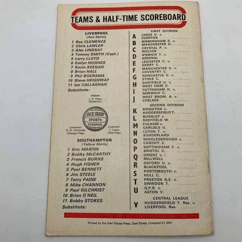 Soccer  '1973 Liverpool vs Southampton' Official Programme