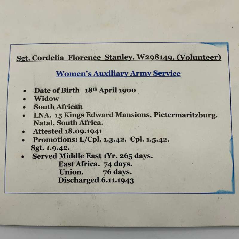WW2  S.A. Medal Group + Research  'Sgt. C.F. Stanley' (Woman's A.A.S.)