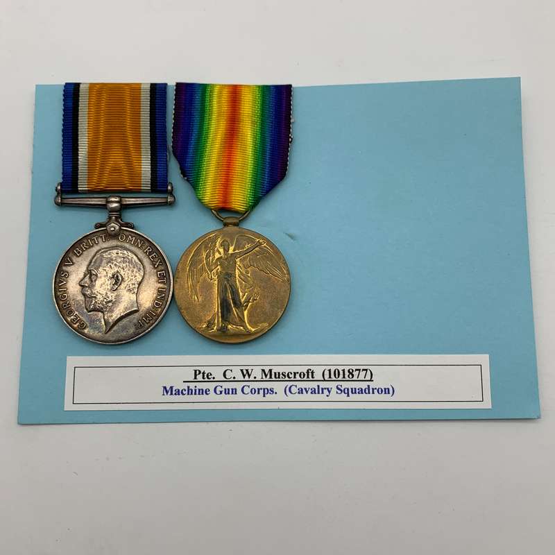 WW1 Medal Pair  'PTE. C.W. Muscroft' (Machine Gun Corps - Cavalry Squad.)