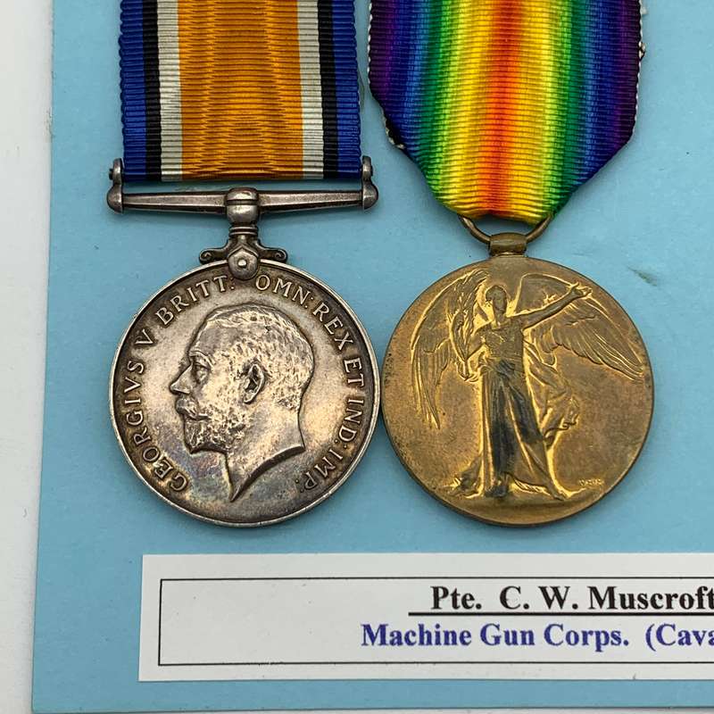 WW1 Medal Pair  'PTE. C.W. Muscroft' (Machine Gun Corps - Cavalry Squad.)