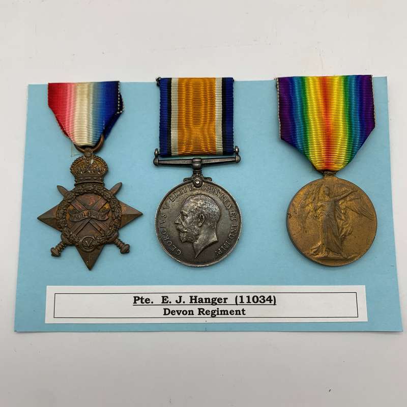 WW1 Medal Trio  'PTE. E.J. Hanger' (Devon Regiment)