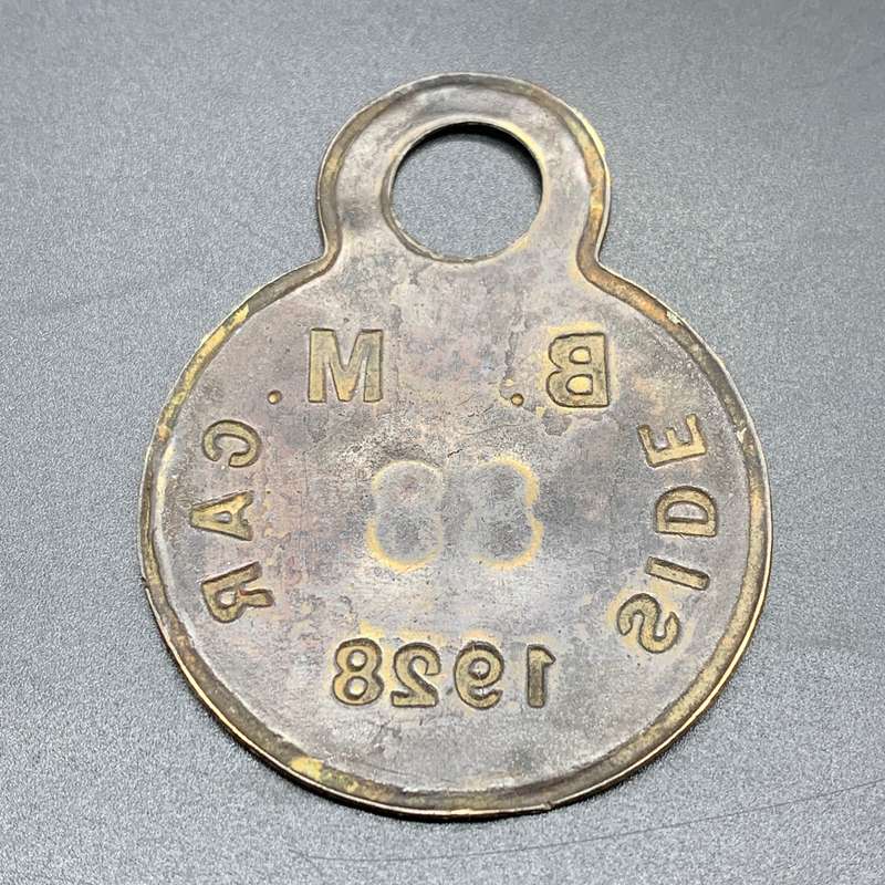 Scarce '1928 B.M. SIDE CAR' Brass Licence Disc