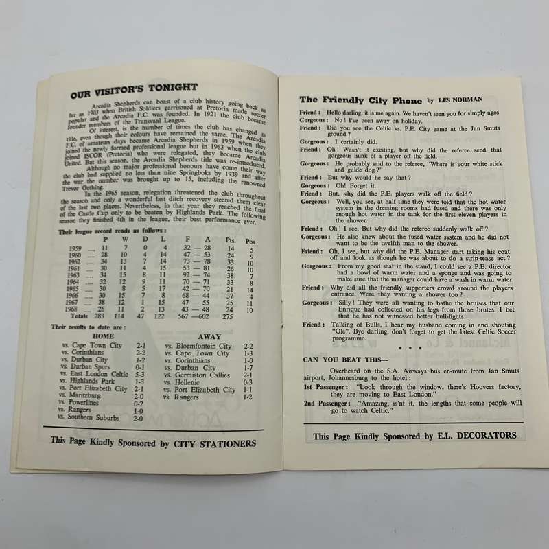 Soccer  '1969 East London Celtic vs Arcadia Shepherds' Official Programme