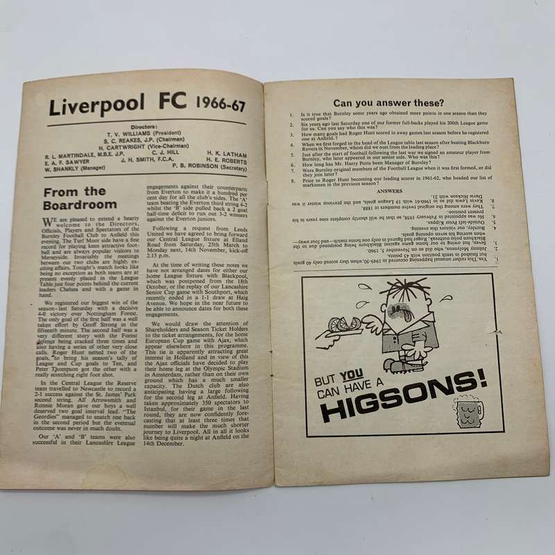Soccer  '1966 Liverpool vs Burnley' Official Programme