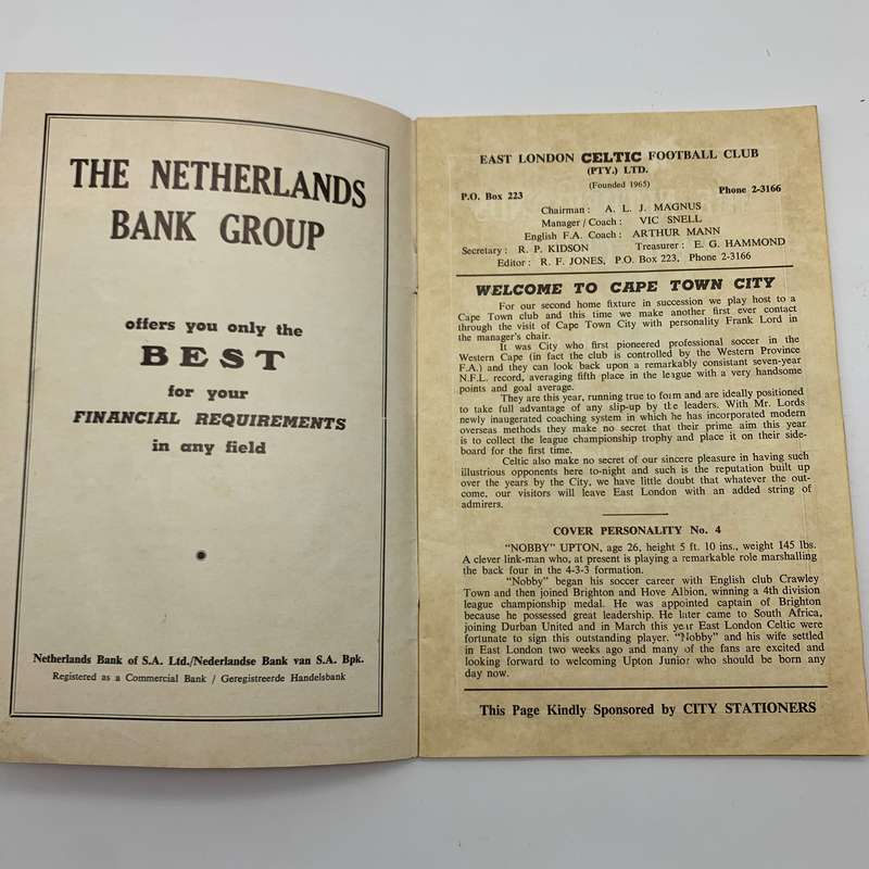 Soccer  '1969 East London Celtic vs Cape Town City' Official Programme