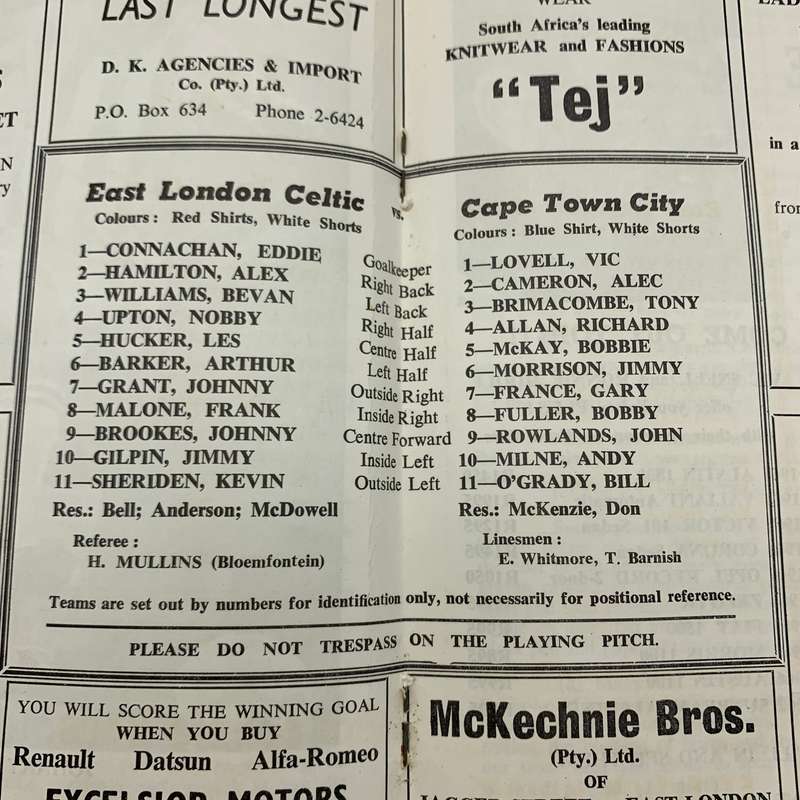 Soccer  '1969 East London Celtic vs Cape Town City' Official Programme