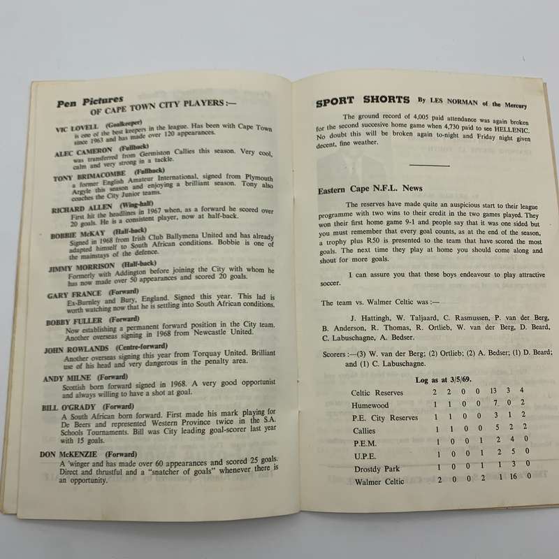 Soccer  '1969 East London Celtic vs Cape Town City' Official Programme