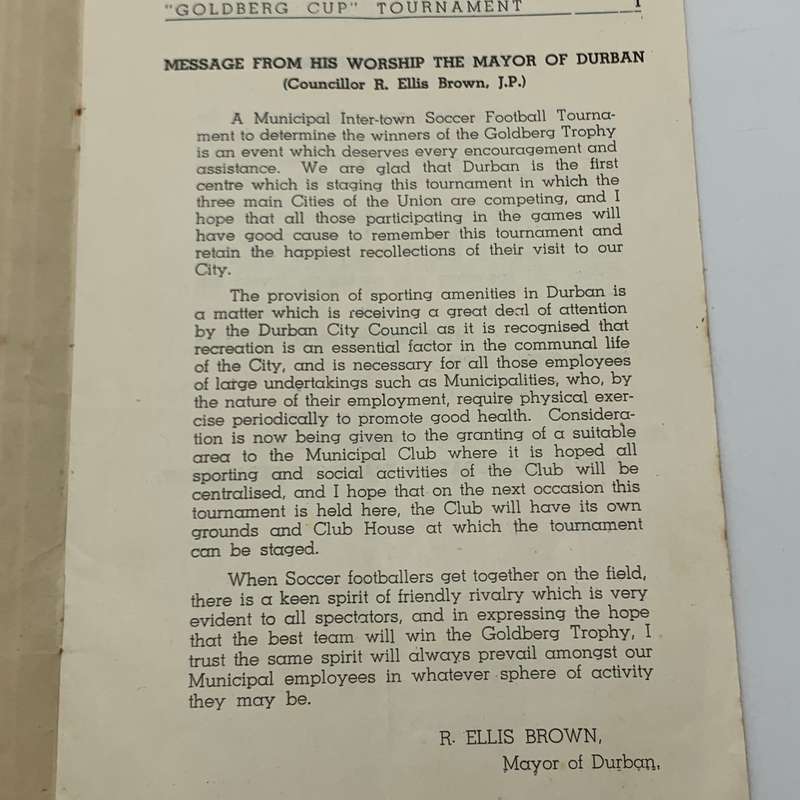 Soccer  1947 Durban 'Goldberg Cup' Official Programme