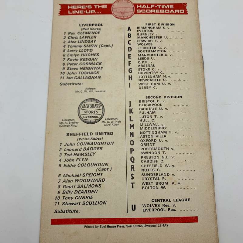 Soccer  '1973 Liverpool vs Sheffield United' Official Programme