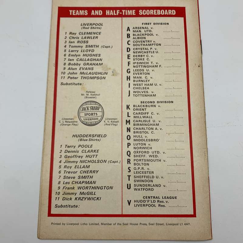 Soccer  '1970 Liverpool vs Huddersfield Town' Official Program