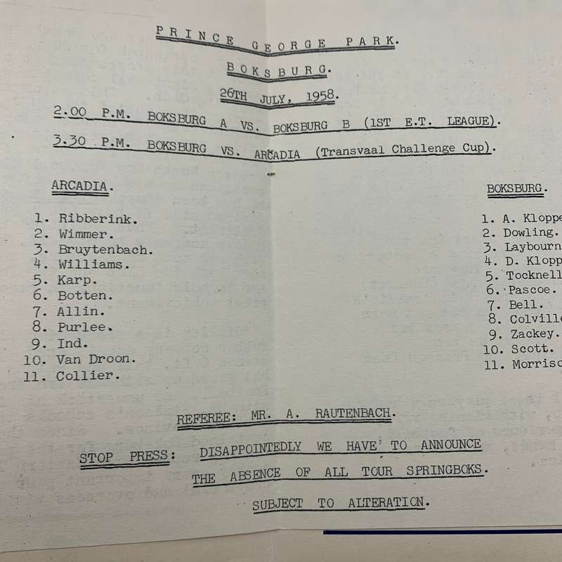 Soccer  '1958 Boksburg vs Arcadia' Official Programme