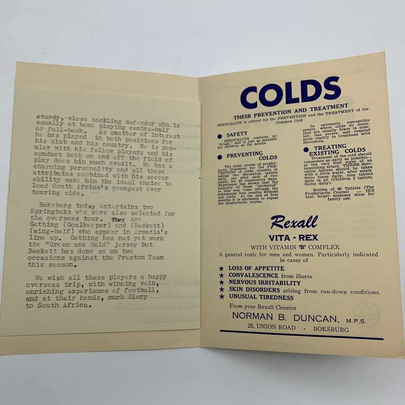 Soccer  '1958 Boksburg vs Arcadia' Official Programme