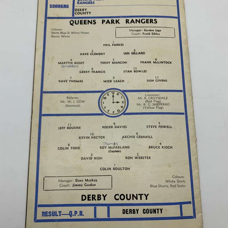 Soccer  '1974 Queens Park Rangers vs Derby County' Official Programme