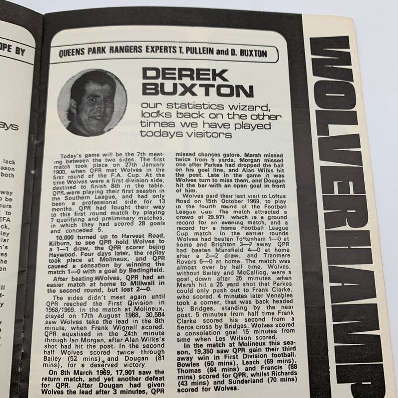 Soccer  '1974 Queens Park Rangers vs Wolverhampton' Official Programme