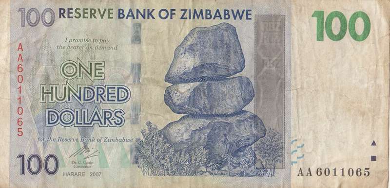 ONE HUNDRED DOLLARS       ZIMBABWE        AA6011065      SET084