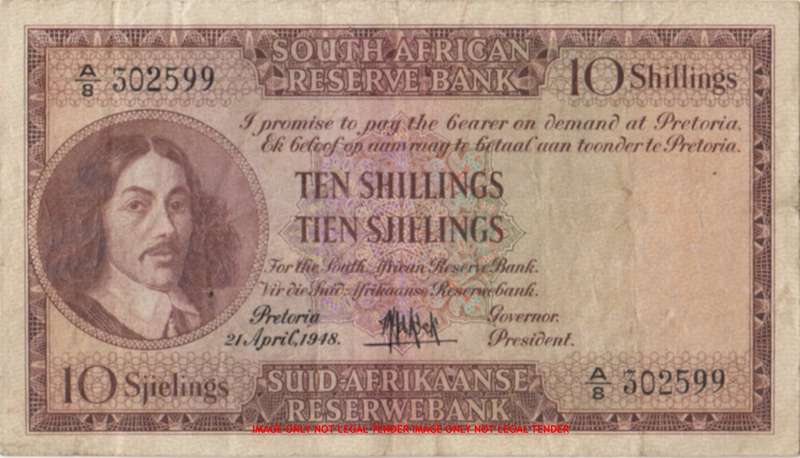 WOW    ***  MH de Kock 1948 Ten Shillings  Note  ***     A8 302599     SET068