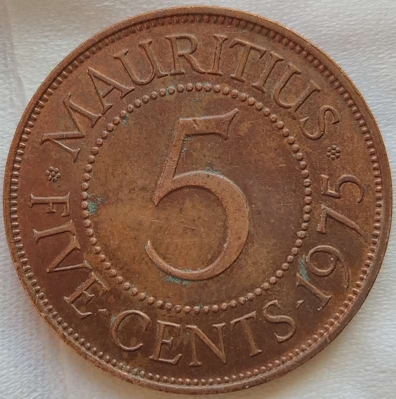 1975  FIVE CENTS     Mauritius       SUN17745