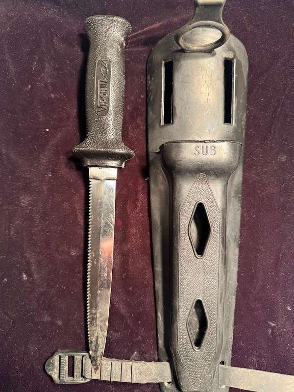 Vintage Virginia 4341 INOX diving knife with a serrated blade and sheath