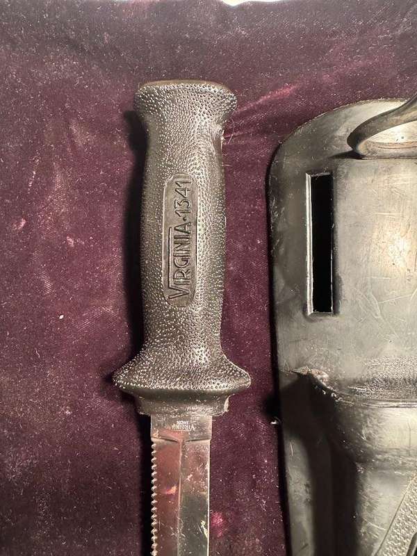 Vintage Virginia 4341 INOX diving knife with a serrated blade and sheath