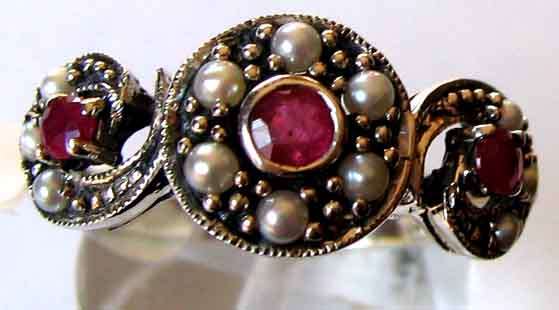 925 Sterling Silver Genuine Rubies and Seed Pearls Ring.