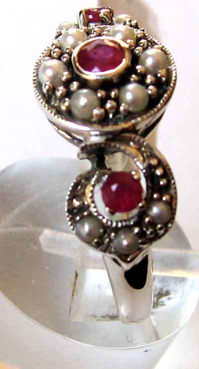 925 Sterling Silver Genuine Rubies and Seed Pearls Ring.