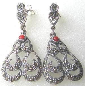 925-Sterling Silver, Marcasite & Coral  Earrings
