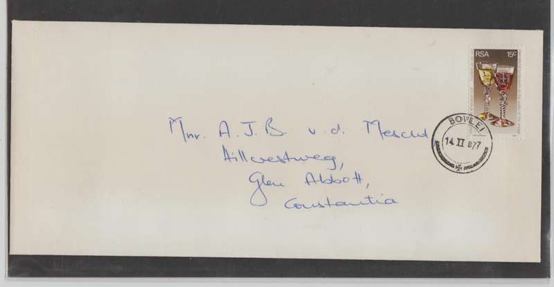 RSA WINE SYMPOSIUM-VARIETY "MISSING DIE" STAMP USED ON COMMERCIAL COVER,BOVLEI,WELLINGTON POSTMARK