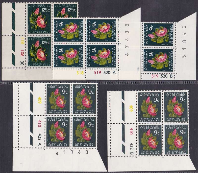 RSA - 1ST DEF ISSUE, PROTEAS 9c + 12&1/2c CONTROL BLOCK SETS - ALL FINE U/M