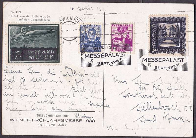 RSA - 1937 POST CARD FROM AUSTRIA TO SA, ZEPPELIN LABEL TIED TO CARD - FAIR & UNUSUAL