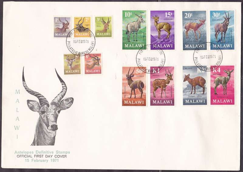 MALAWI - ANTELOPES DEF STAMPS, FULL SET OF SINGLES TO K4 ON OFFICIAL FDC - FINE