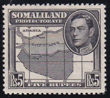 SOMALILAND - 1938 KGVI, 5 RUPEE SINGLE, VERY FINE U/M - CV:R740