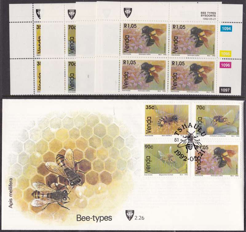 VENDA - BEE-TYPES, FDC 2.26 WITH SET OF 4 U/M CONTROL BLOCKS - ALL FINE