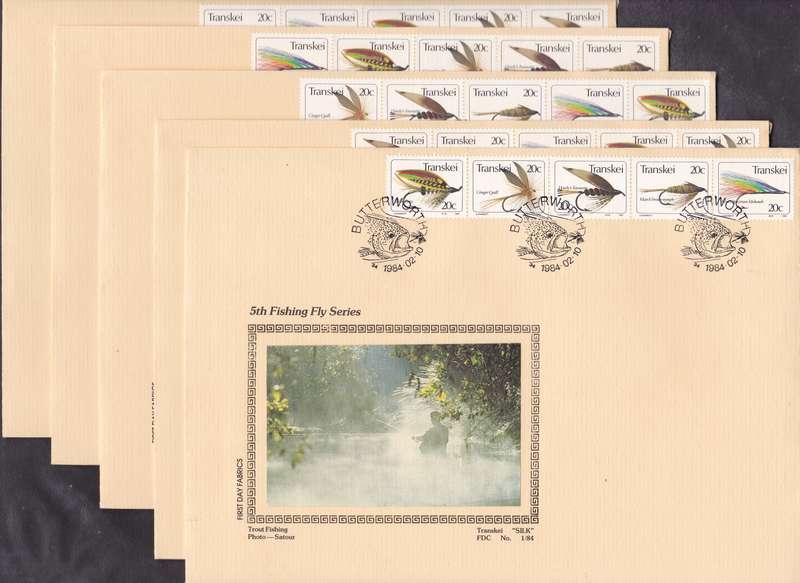 TRANSKEI - 5TH SERIES FISHING FLIES, SET OF 5 LIMITED EDITION SILK FDC'S NO.1/84 - FINE