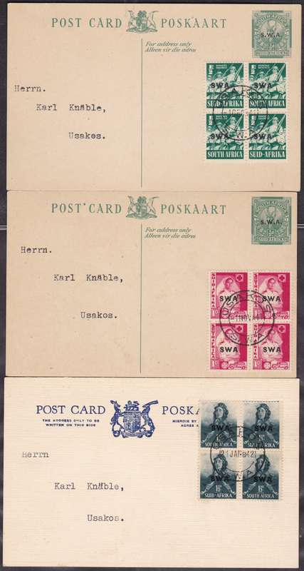SWA - 3 X VERY NICE POST CARDS, LARGE WARS: BLOCKS OF 4 TIED TO CARDS - FINE