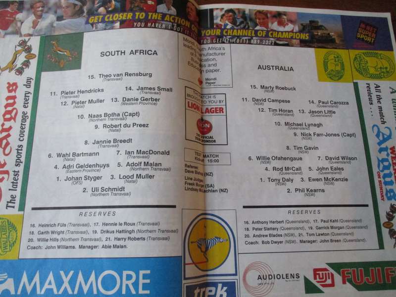 South Africa v Australia Newlands, 22 August 1992  Official Test Match Programme