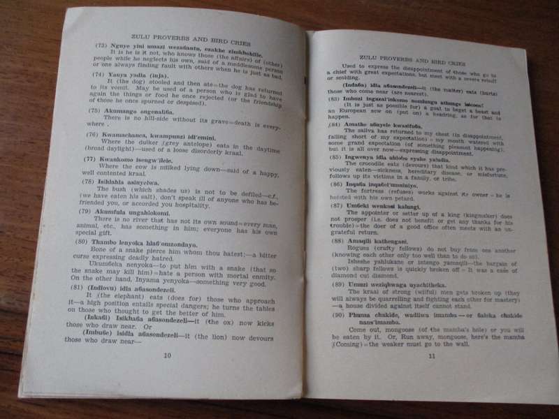 264 Zulu Proverbs, Idioms, Etc. and The Cries of Thirty-Seven Birds  translated by R.G. Dunning