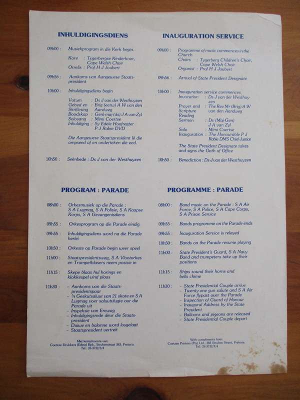 Gedenkprogram - Inhuldiging van Eerste Uitvoerende Staatspresident van RSA, 1984