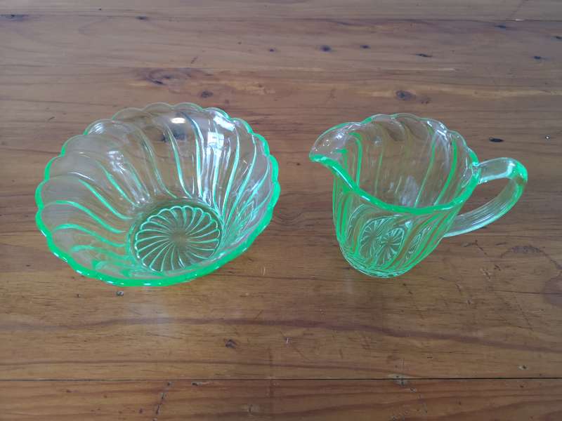 Two vintage art deco Uranium glass by Bagley