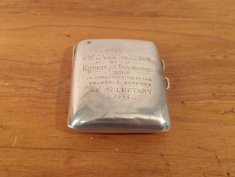 Sterling silver cigarette case **Kimberley Tramwaymens Union 1925**