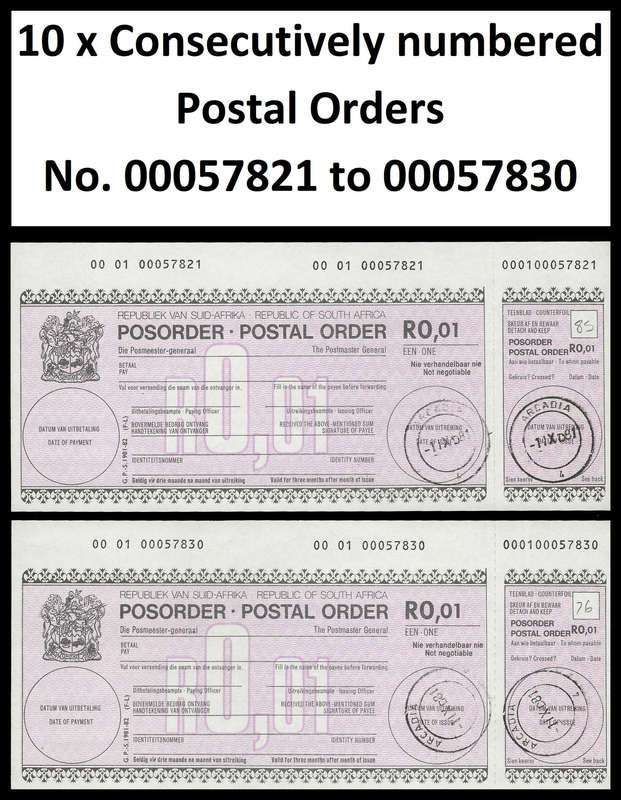 Republic of South Africa.  10 x Consecutively Numbered Postal Orders.