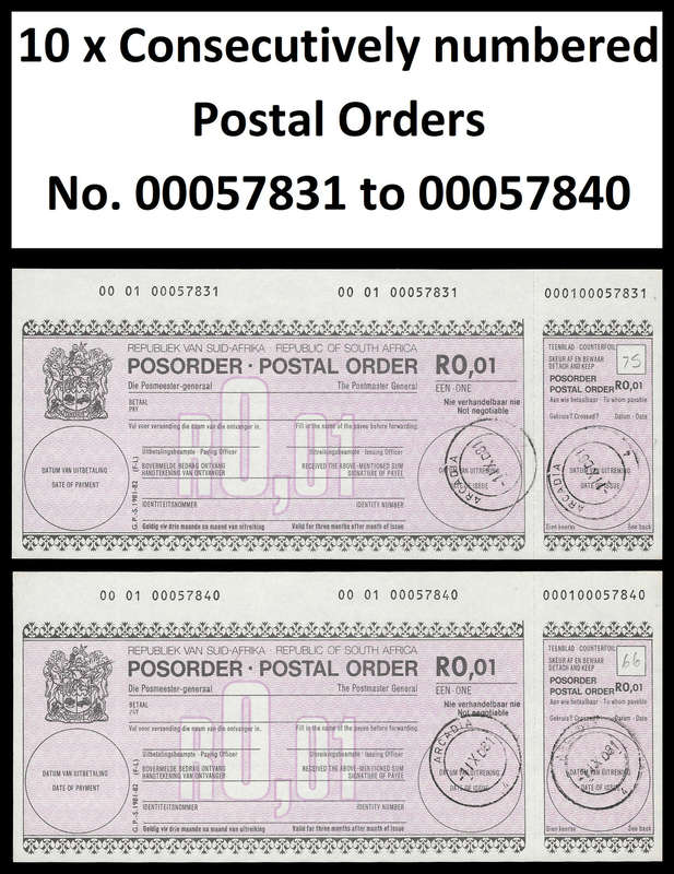 Republic of South Africa.  10 x Consecutively Numbered Postal Orders.