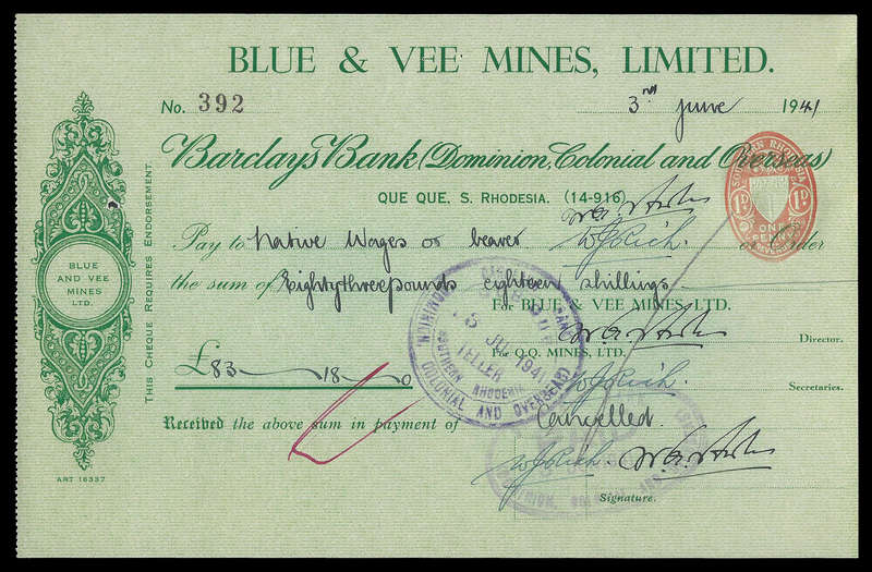 Southern Rhodesia.  Blue and Vee Mines cheque for Native Wages.