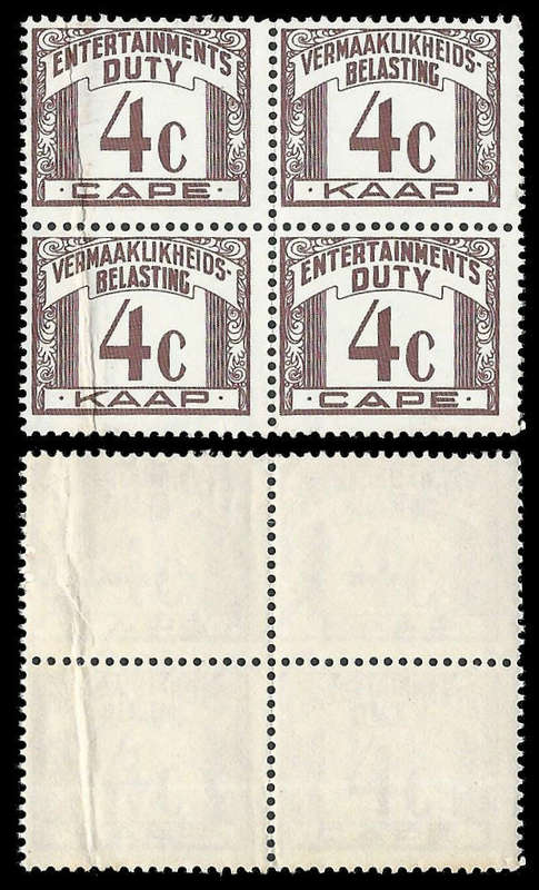 Republic of South Africa.  4c Entertainment Tax block of 4.  UM.