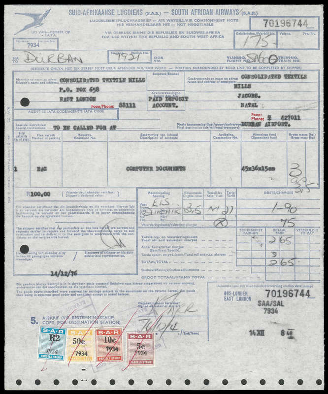 RARE!  South African Railways.  1976 S.A.A. waybill