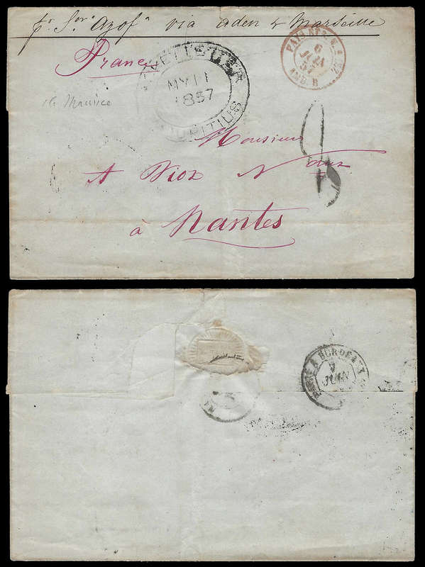 Mauritius.  1857 Letter to France with Packet Letter strike.