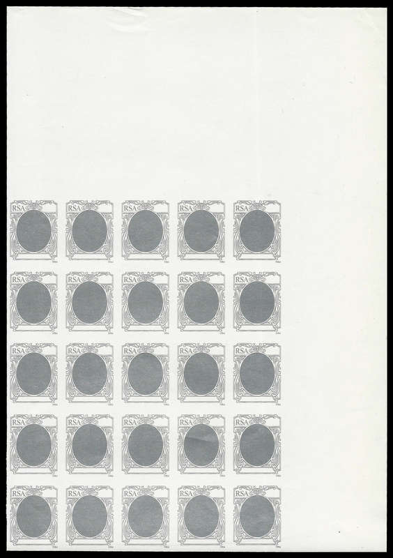 Republic of South Africa S.A. Authors Colour Trial (Silver on gummed paper) in a pane of 25.  UM.