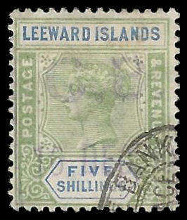 Leeward Islands.  QV 5/-.  Cat.value as postally used R7 500-00.