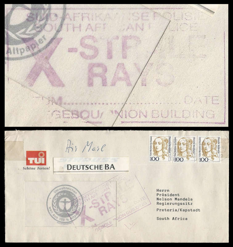 Republic of South Africa.  Addressed to Nelson Mandela with S.A.P.S X-Rays cachet.