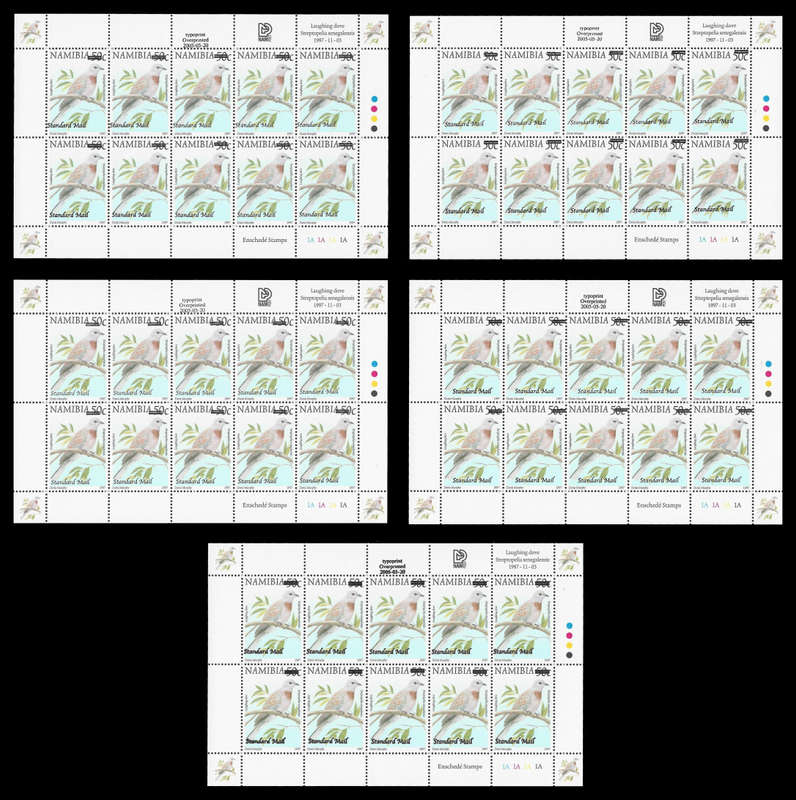 Namibia. Def. Surcharges. 5 x Complete Sheets with OVPT Varieties. Unmounted mint.  CV R5000-00.