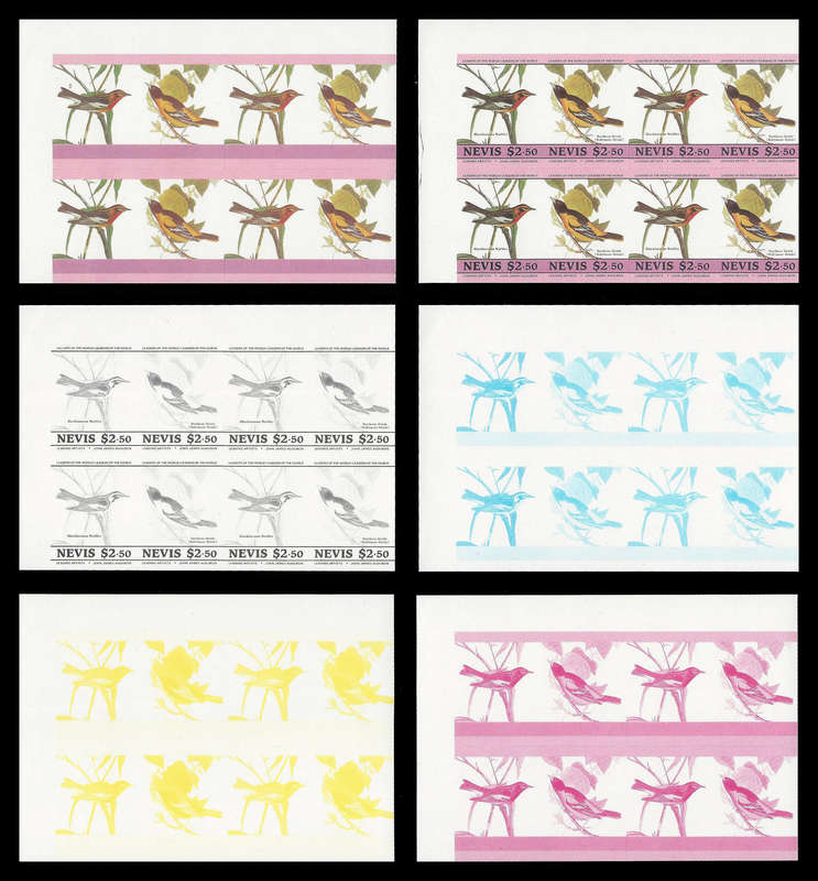 A total of 96 Imperforated Pairs (R12 / pair).  1985 Nevis Adubon birds (only one value shown).